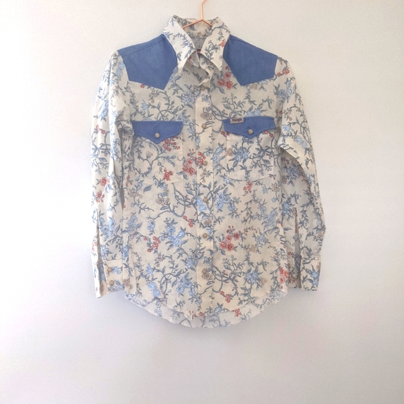 Vintage 70s Wrangler Pearl Snap Western Shirt Floral Size 16